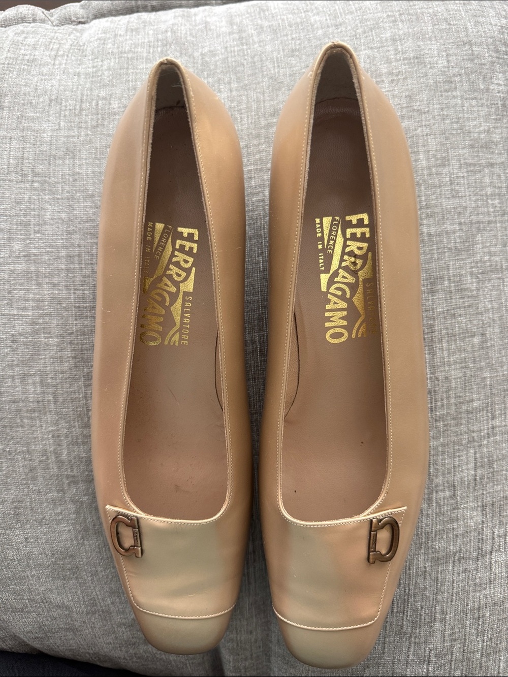 Salvatore Ferragamo Tan Leather Square-Toe Flats with Logo Hardware